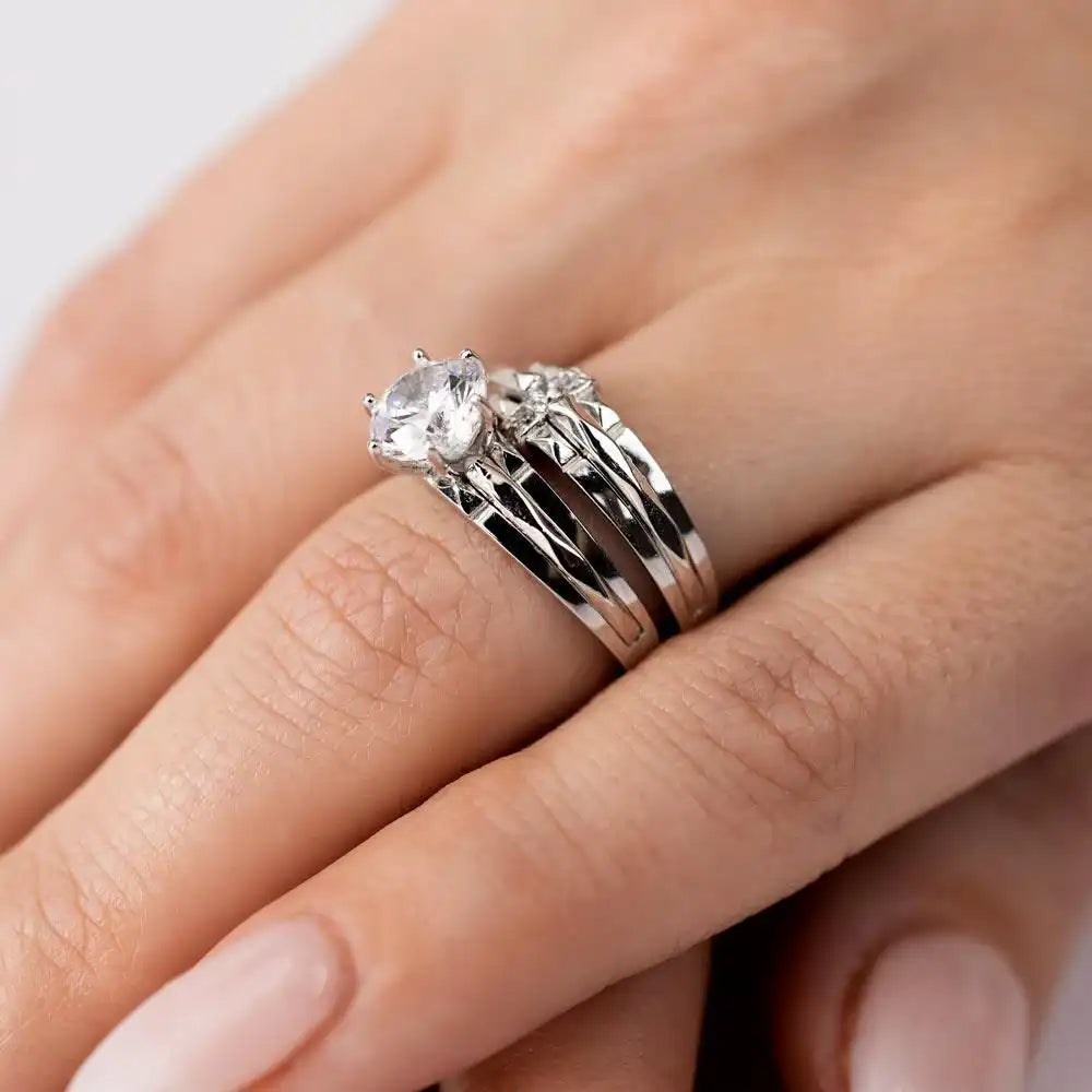 925 Sterling Silver Rhodium Plated Double Stackable Ring with CZ