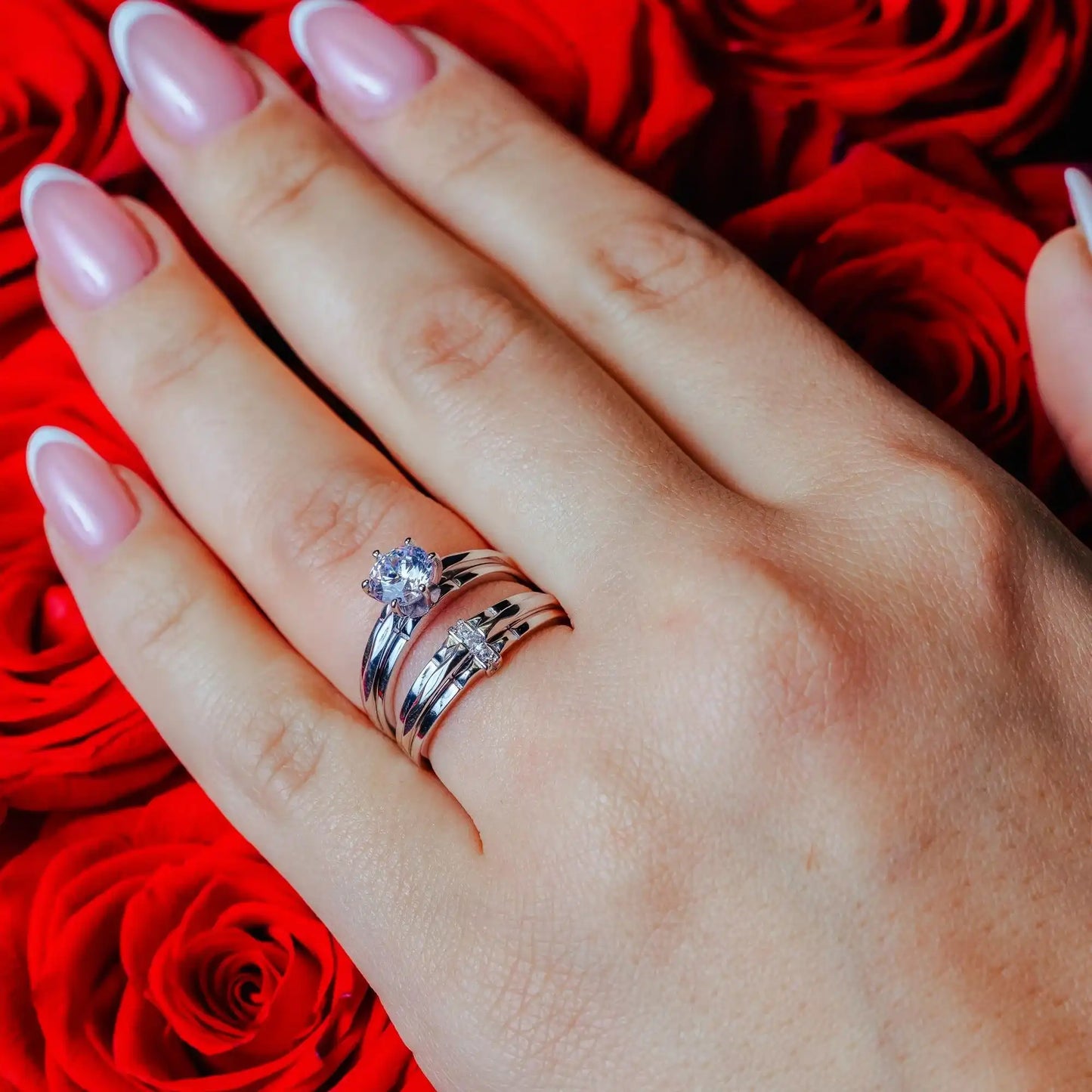 925 Sterling Silver Rhodium Plated Double Stackable Ring with CZ