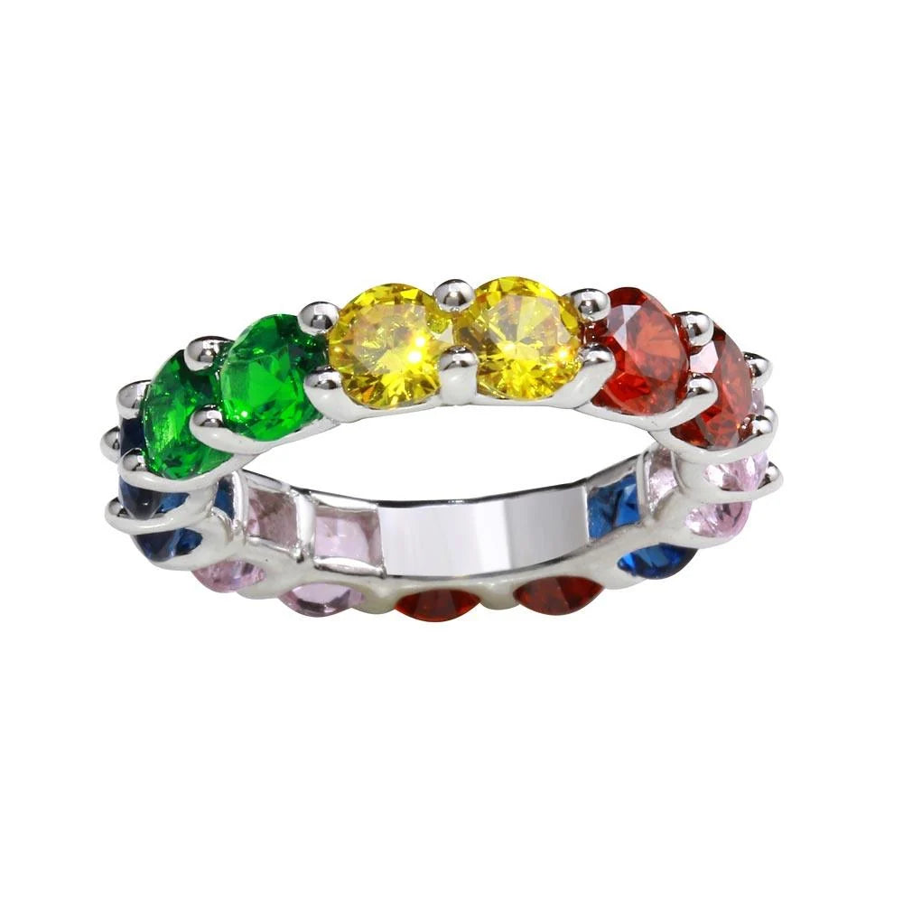 925 Sterling Silver Rhodium Plated Plated Multi-Colored Round CZ Stone Ring
