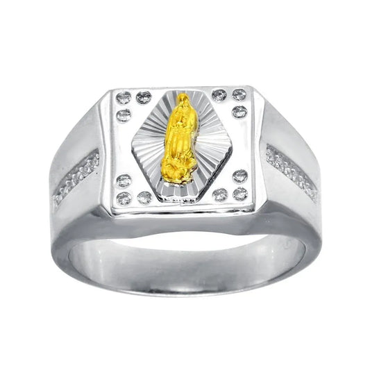 925 Sterling Silver Rhodium Plated Men's CZ Guadalupe Ring