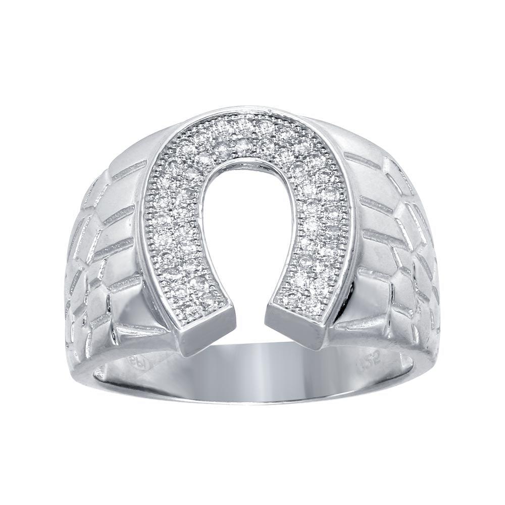 925 Sterling Silver Rhodium Plated Moissanite or CZ Men's Horse Shoe Ring