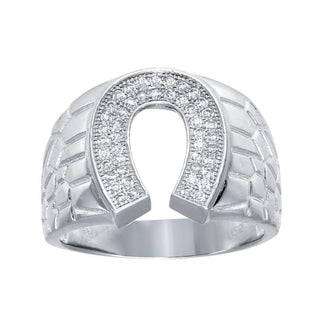 925 Sterling Silver Rhodium Plated Moissanite or CZ Men's Horse Shoe Ring