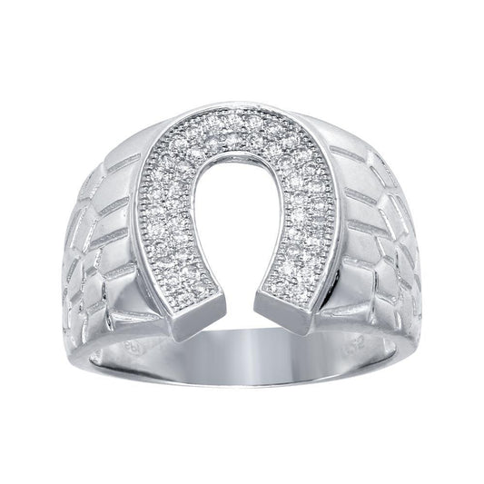 925 Sterling Silver Rhodium Plated Moissanite or CZ Men's Horse Shoe Ring