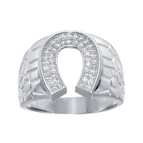 925 Sterling Silver Rhodium Plated Men's Horse Shoe CZ Ring