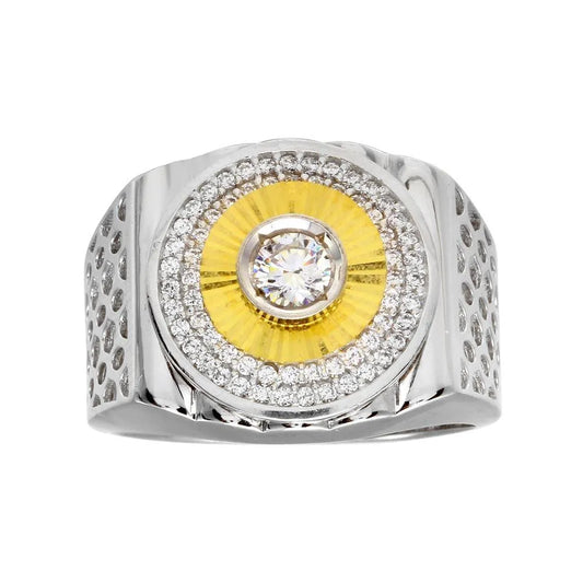 925 Sterling Silver Two-Tone Men's 925 Sterling Silver Circle Design CZ Ring