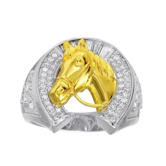 925 Sterling Silver Two-Tone Men's CZ Horse Shoe Gold Horse Ring