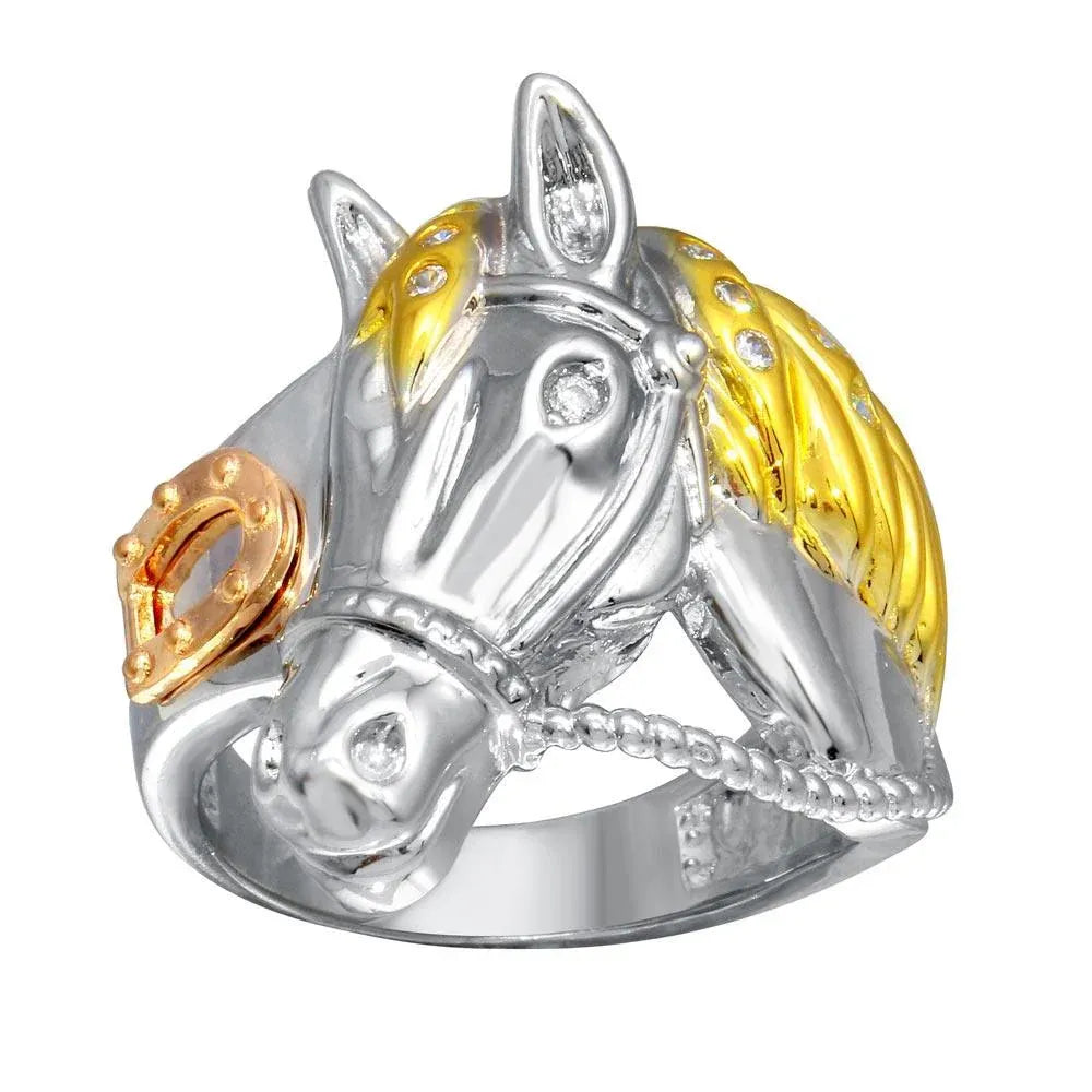 925 Sterling Silver Three-Tone Men's CZ Rope Horse Ring