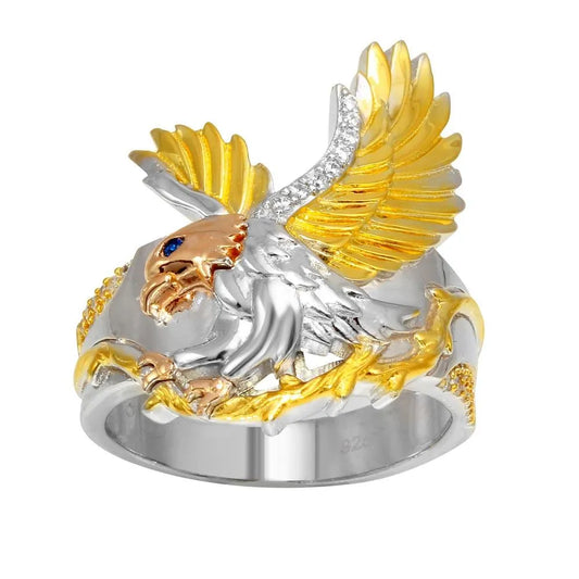 925 Sterling Silver Three-Tone Men's Blue And Clear CZ Eagle Ring