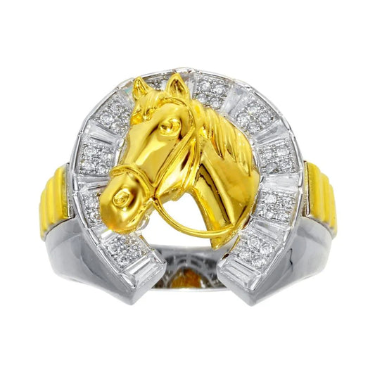 925 Sterling Silver Two-Tone Men's CZ Horse Shoe Gold Horse Ring