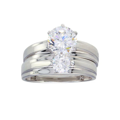 925 Sterling Silver Rhodium Plated Round CZ Stone Bordered Trios Ring