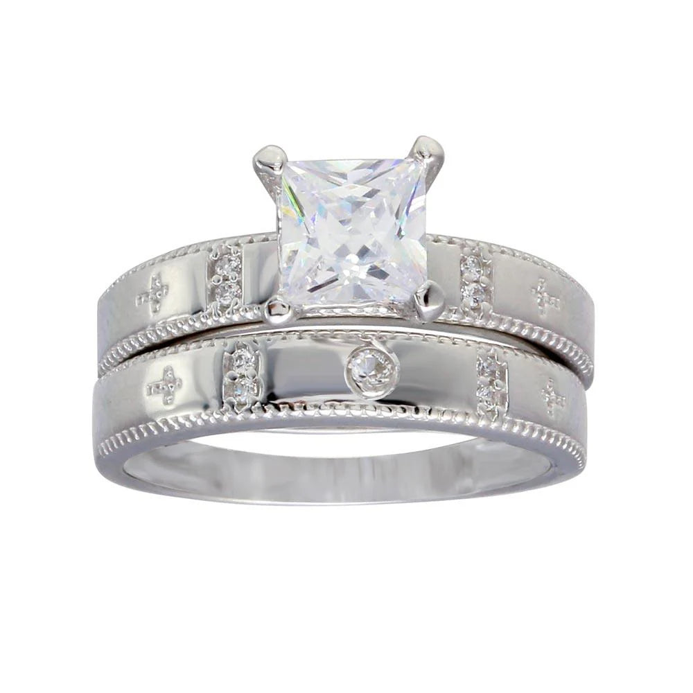 925 Sterling Silver Rhodium Plated Square CZ Cross Shank Design Ring