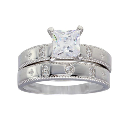 925 Sterling Silver Rhodium Plated Square CZ Cross Shank Design Ring