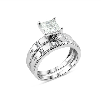 925 Sterling Silver Rhodium Plated Square CZ Cross Shank Design Ring