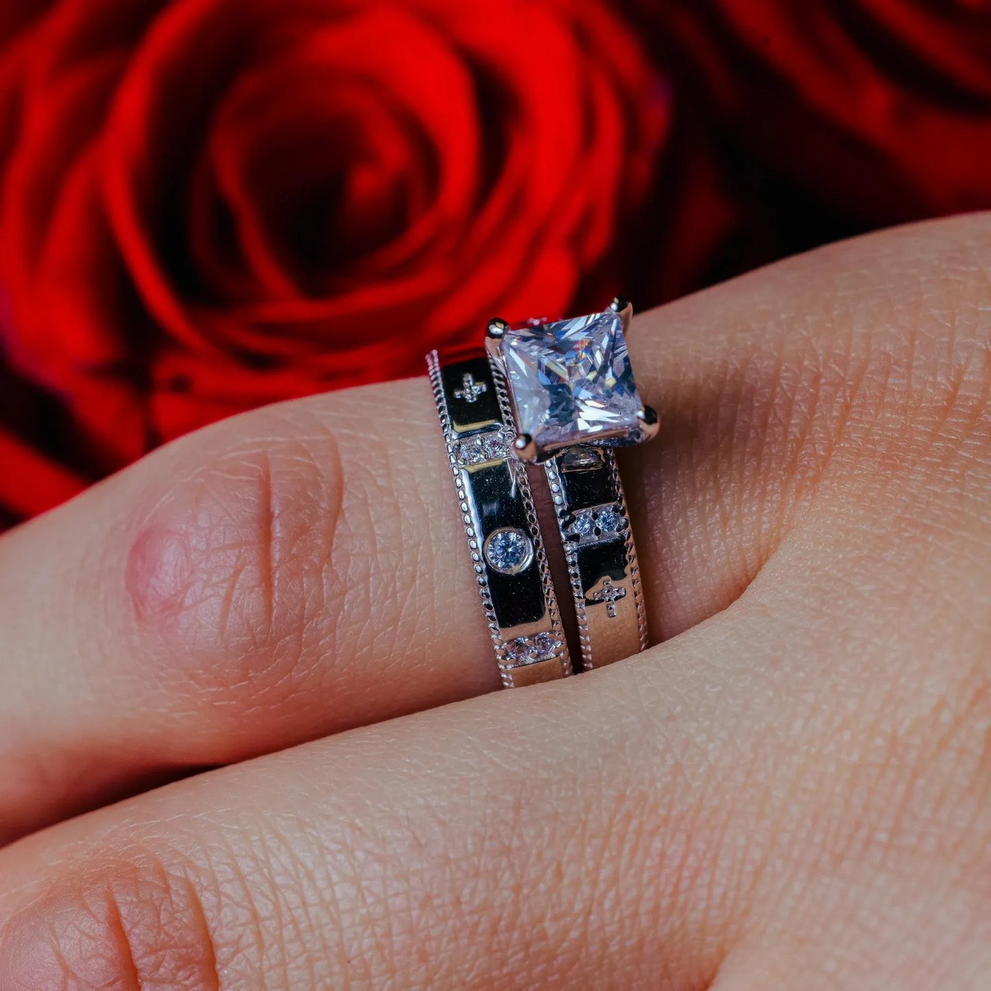 925 Sterling Silver Rhodium Plated Square CZ Cross Shank Design Ring