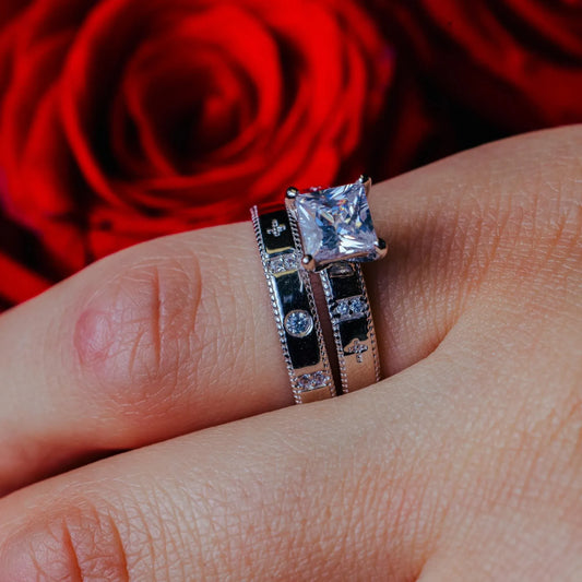 925 Sterling Silver Rhodium Plated Square CZ Cross Shank Design Ring