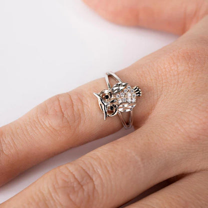 925 Sterling Silver CZ Diamond Cut Two-Tone Owl Ring