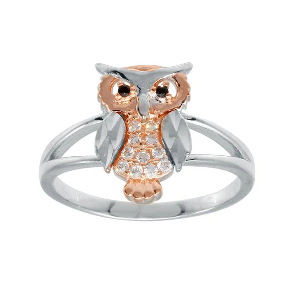 925 Sterling Silver CZ Diamond Cut Two-Tone Owl Ring