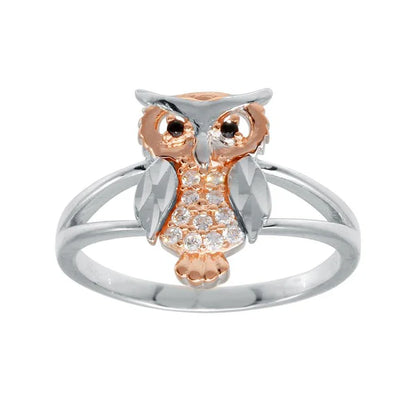 925 Sterling Silver CZ Diamond Cut Two-Tone Owl Ring