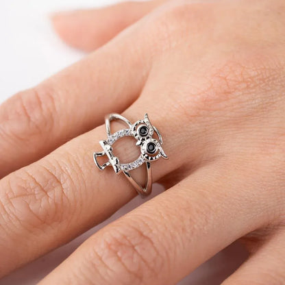 925 Sterling Silver Rhodium Plated Owl Ring