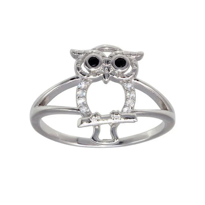 925 Sterling Silver Rhodium Plated Owl Ring