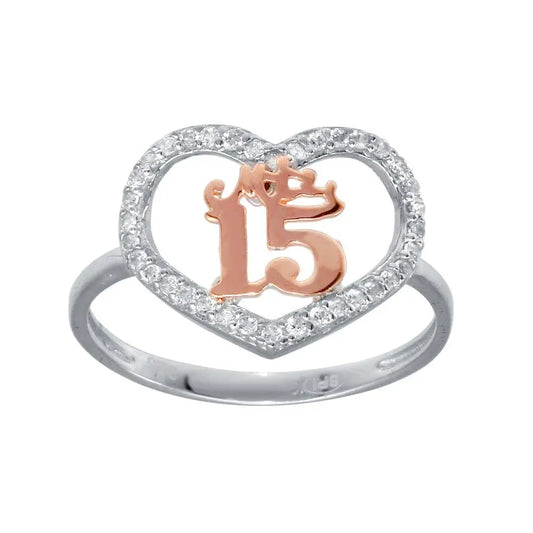 925 Sterling Silver Two-Tone Silver CZ Quinceanera Heart Ring