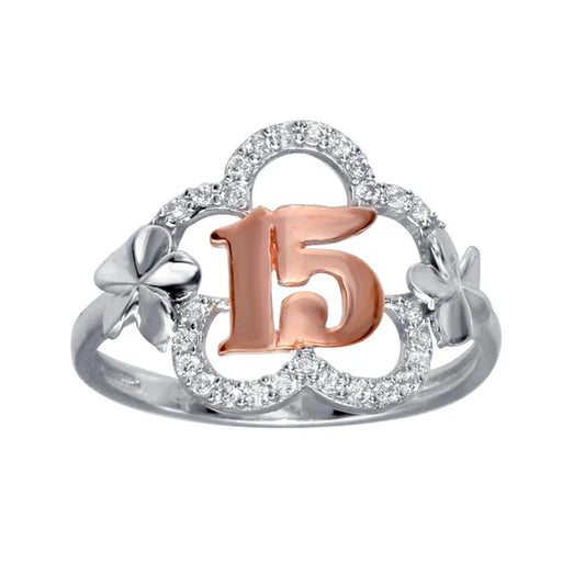 925 Sterling Silver Two-Tone CZ Quinceanera Flower Ring