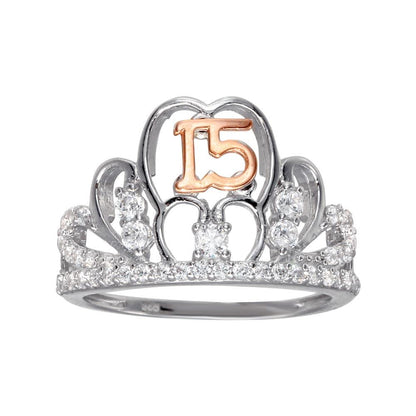 925 Sterling Silver Two-Tone CZ Quinceanera Tiara Ring