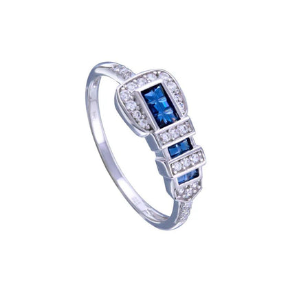 925 Sterling Silver Rhodium Plated Blue and Clear CZ Belt Ring