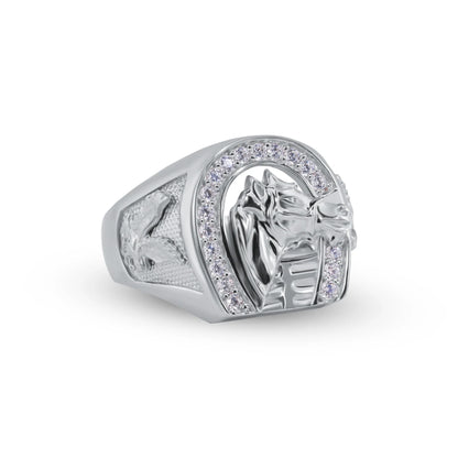 925 Sterling Silver Nickel Free Rhodium Plated Horse Shoe with Horse CZ Ring