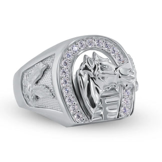 925 Sterling Silver Rhodium Plated Moissanite or CZ Men's Horse Shoe Ring