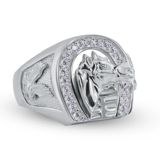 925 Sterling Silver Rhodium Plated Moissanite or CZ Men's Horse Shoe Ring