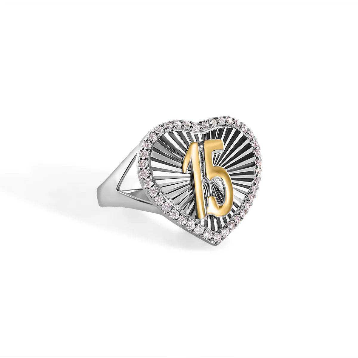 925 Sterling Silver Rhodium Plated Quinceanera Diamond Cut 2 Toned Heart CZ Ring