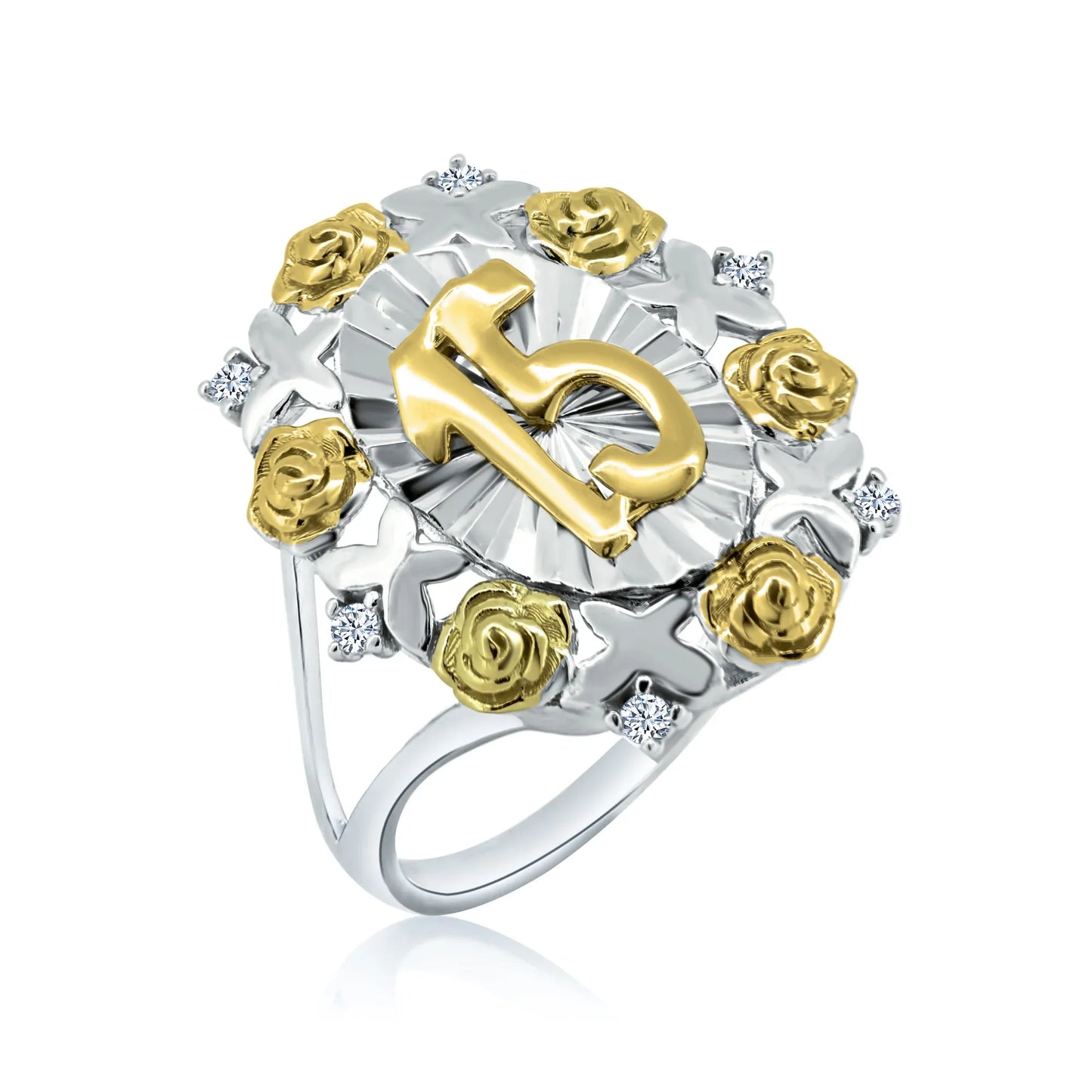 925 Sterling Silver Rhodium Plated Diamond Cut Quincinera Flower Ring