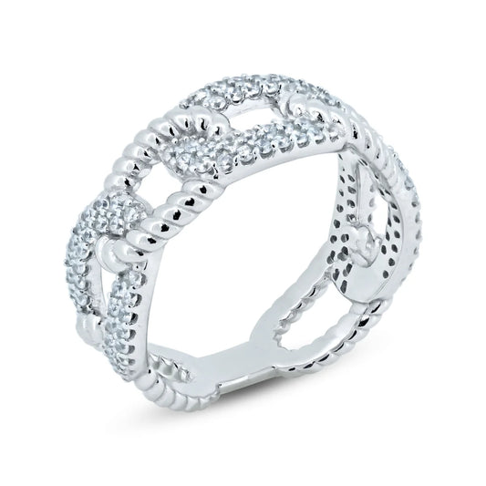 925 Silver Rhodium Plated Link CZ Ring