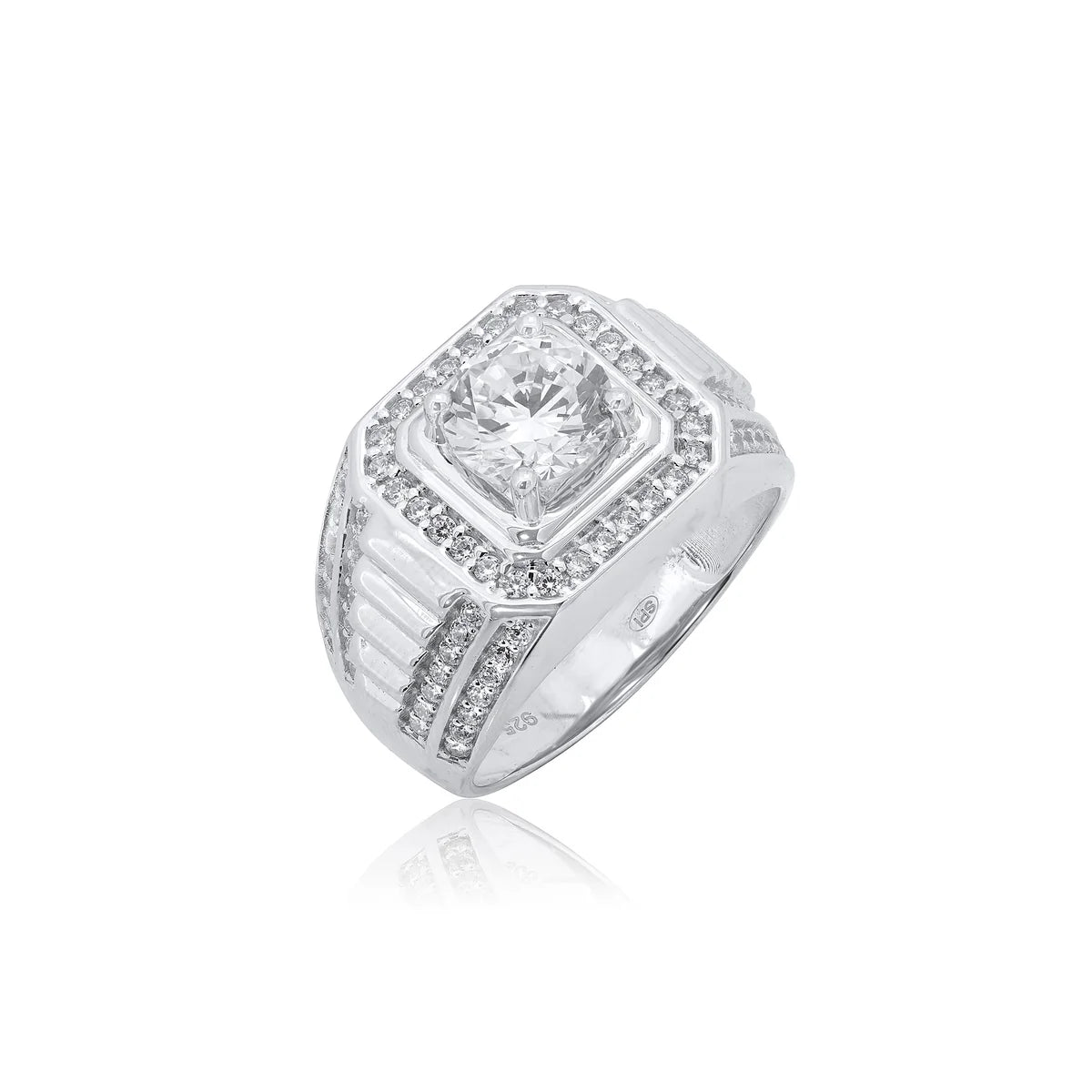 925 Sterling Silver Rhodium Plated Statement Studded Small and Top 8mm Clear CZ Ring