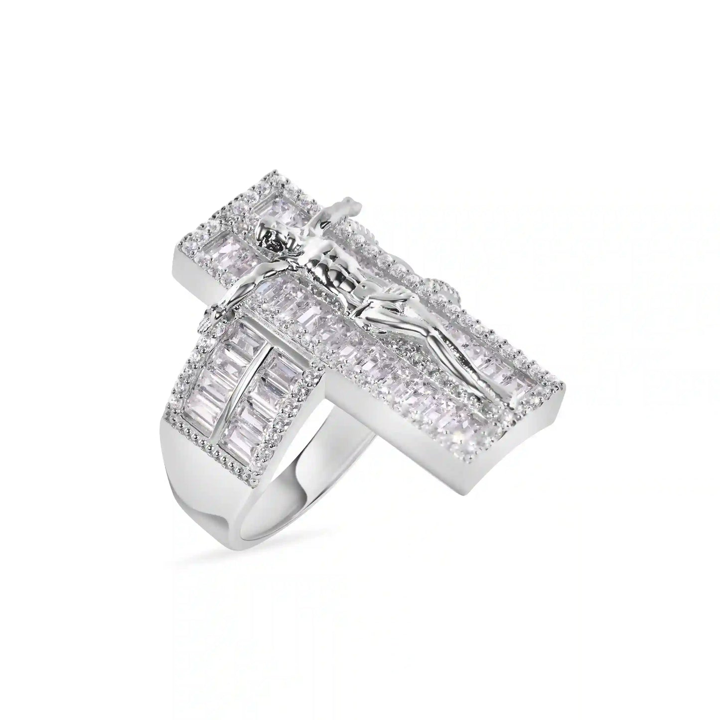 925 Sterling Silver Rhodium Plated Cross Baguette Cut Clear CZ 9.6mm Ring