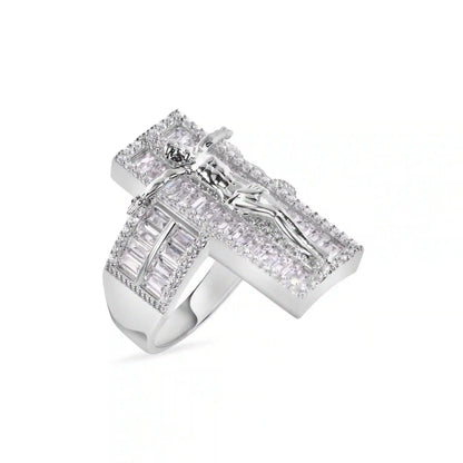 925 Sterling Silver Rhodium Plated Cross Baguette Cut Clear CZ 9.6mm Ring