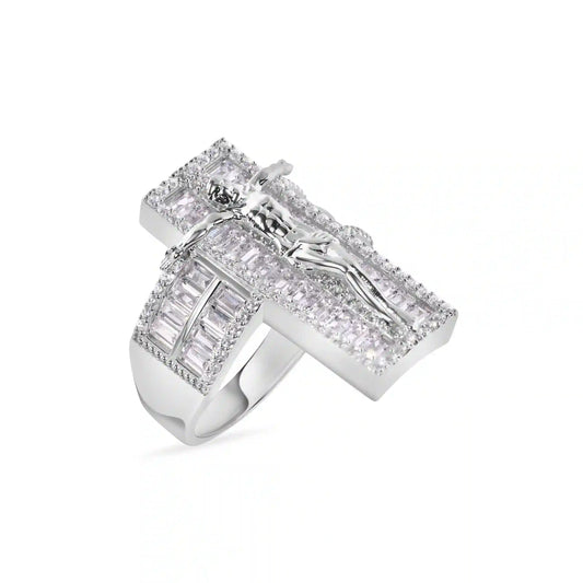 925 Sterling Silver Rhodium Plated Cross Baguette Cut Clear CZ 9.6mm Ring