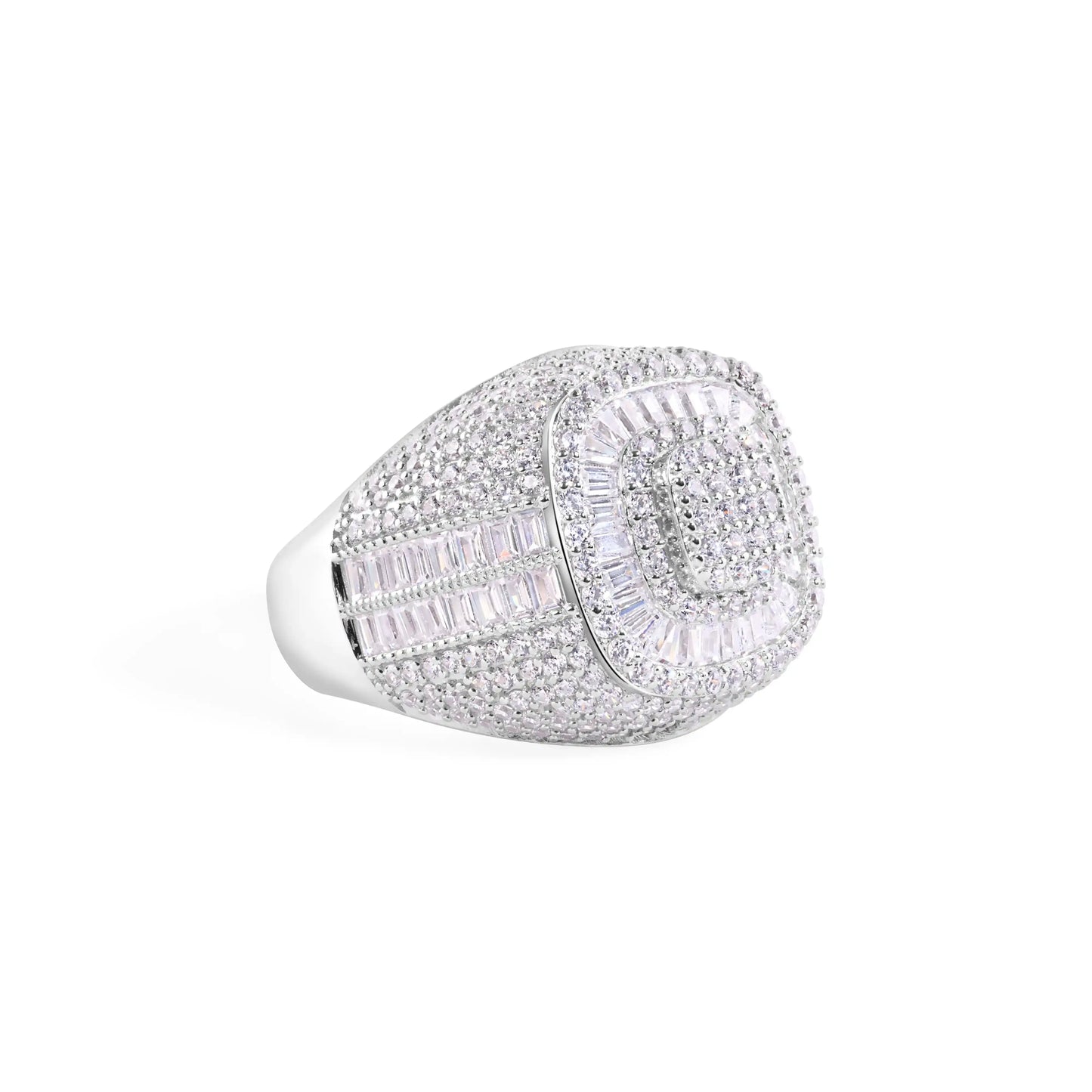 925 Sterling Silver Rhodium Plated Men's Stement Square Top Baguette Cut Clear CZ 21.7mm Ring