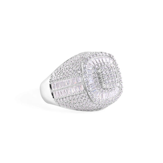 925 Sterling Silver Rhodium Plated Men's Stement Square Top Baguette Cut Clear CZ 21.7mm Ring