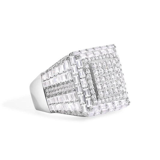925 Sterling Silver Rhodium Plated  Men's Square Top Baguette Cut Clear CZ 20.7mm Ring