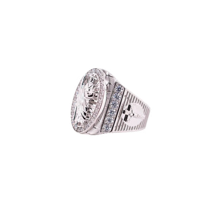 925 Sterling Silver Rhodium Plated Men's Embossed Saint Jude Oval Top Round Clear Cross CZ 22.8mm Ring