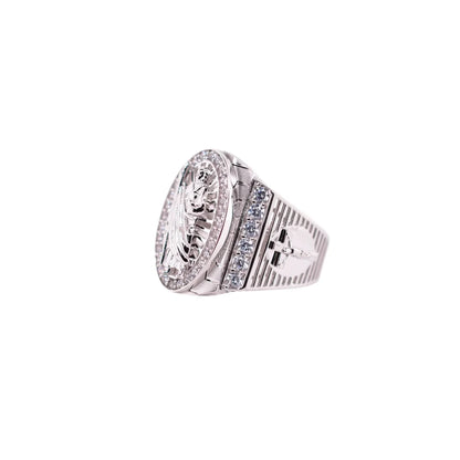 925 Sterling Silver Rhodium Plated Moissanite or CZ Men's Embossed Saint Jude Oval Top Round Clear Cross Ring
