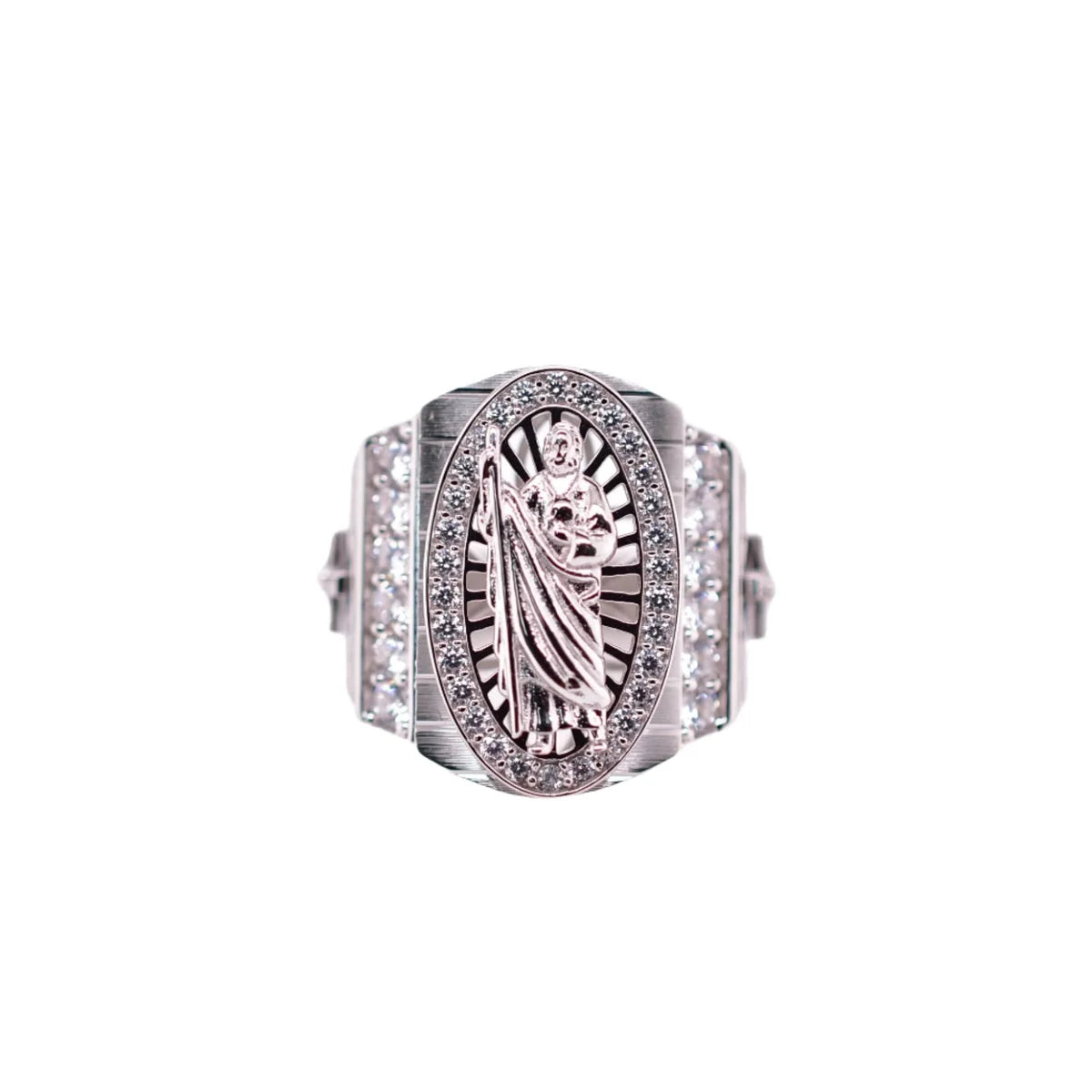 925 Sterling Silver Rhodium Plated Moissanite or CZ Men's Embossed Saint Jude Oval Top Round Clear Cross Ring