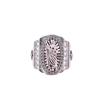 925 Sterling Silver Rhodium Plated Moissanite or CZ Men's Embossed Saint Jude Oval Top Round Clear Cross Ring