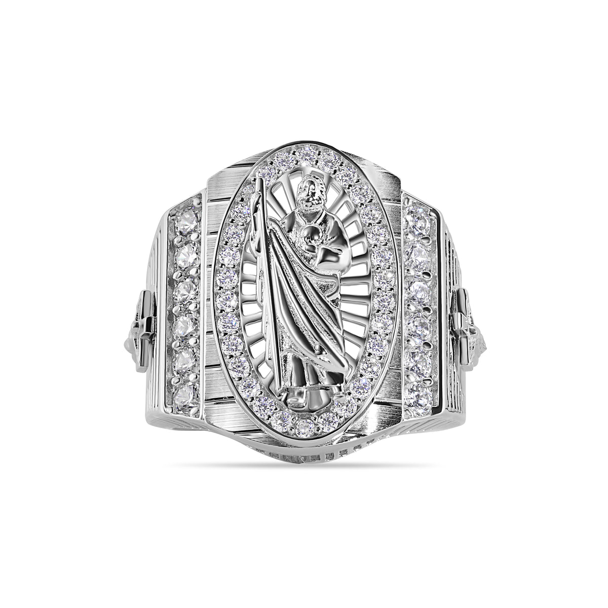 925 Sterling Silver Rhodium Plated Moissanite or CZ Men's Embossed Saint Jude Oval Top Round Clear Cross Ring