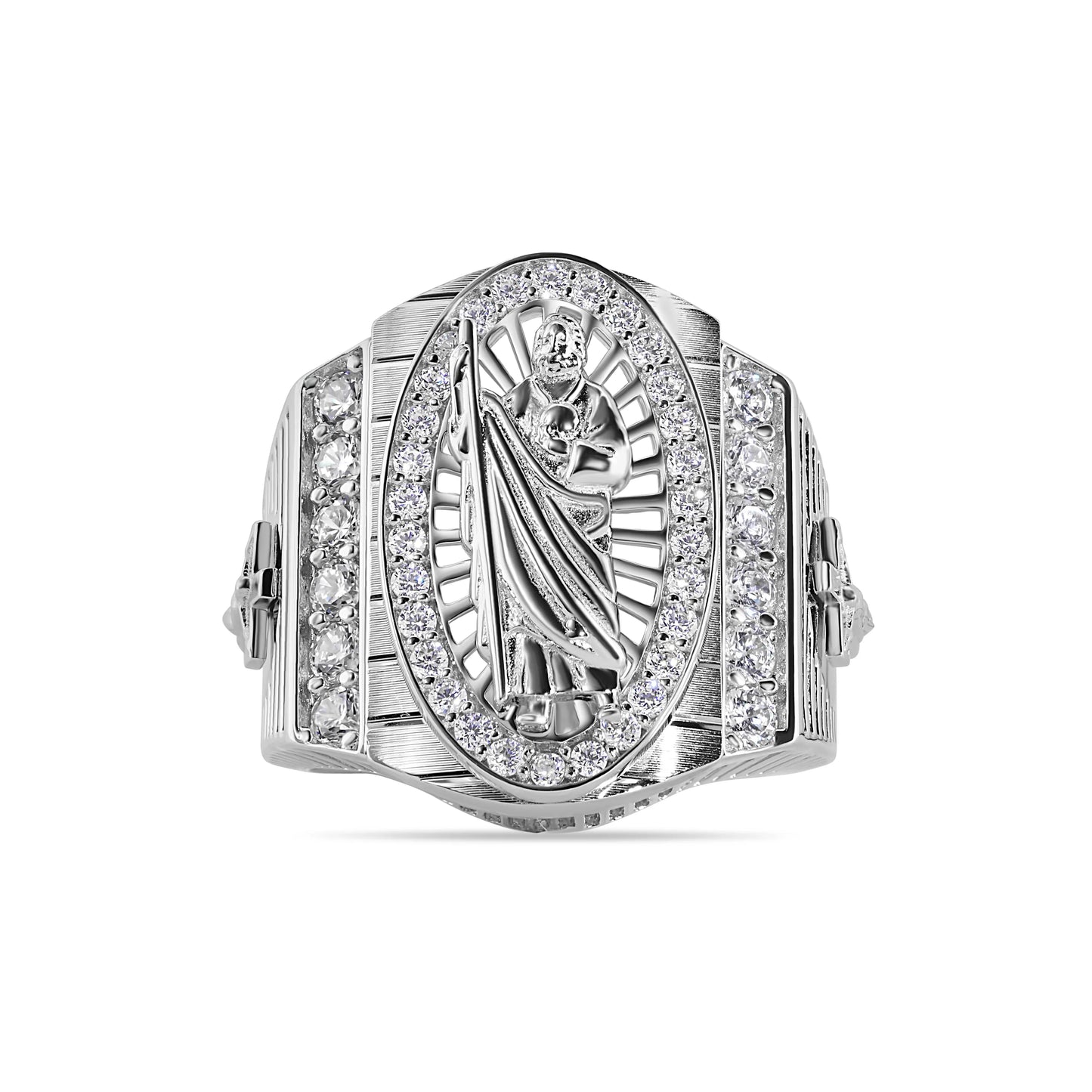 925 Sterling Silver Rhodium Plated Men's Embossed Saint Jude Oval Top Round Clear Cross CZ 22.8mm Ring