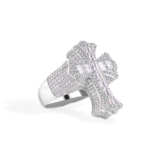 925 Sterling Silver Rhodium Plated Men's Fleur De Lis Baguette Cross Cut Clear CZ 28.5mm Ring
