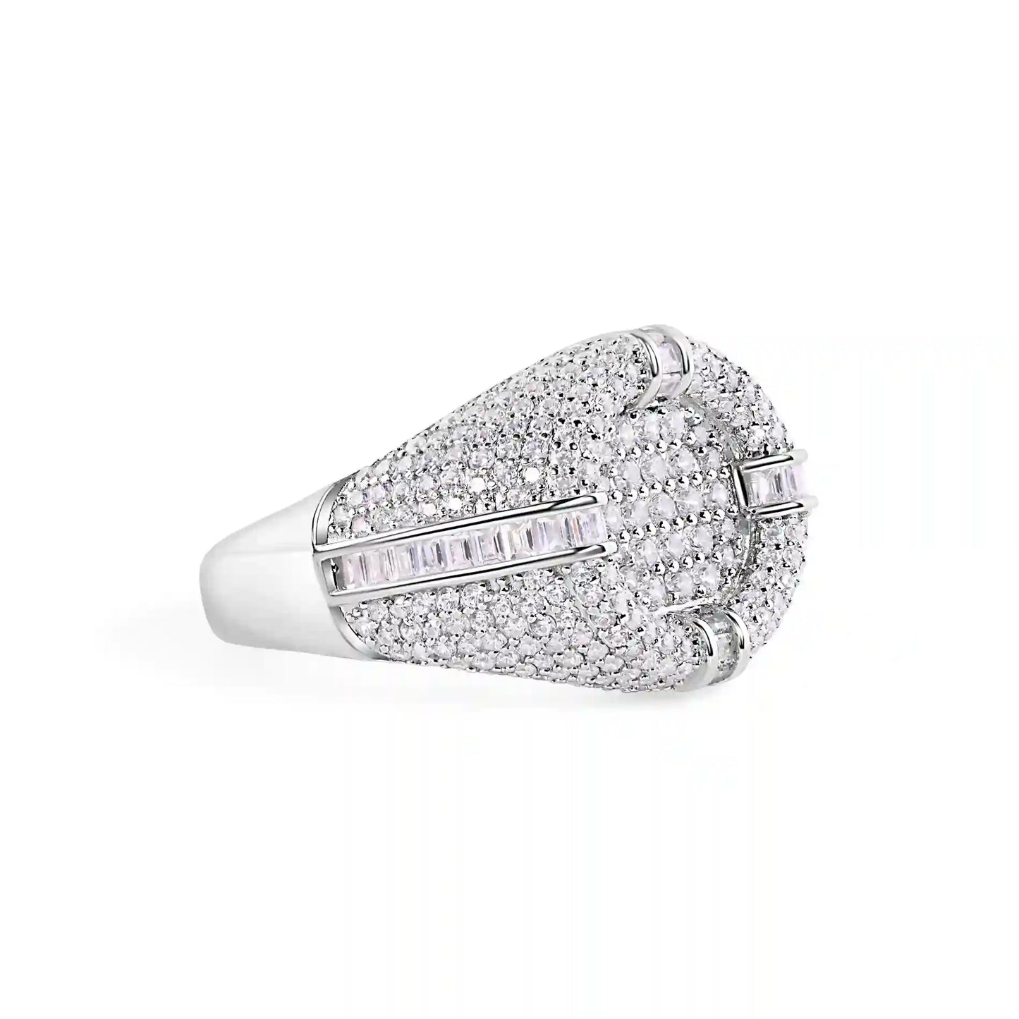 925 Sterling Silver Rhodium Plated Men's Round Recessed Top Baguette Cut Clear CZ 17.2mm Ring