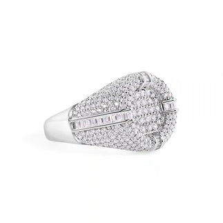 925 Sterling Silver Rhodium Plated Men's Round Recessed Top Baguette Cut Clear CZ 17.2mm Ring